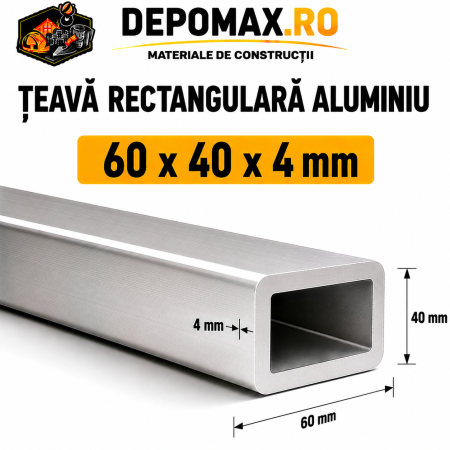 Teava rectangulara aluminiu 60 x 40 x 4 mm, 6 metri (EN AW-6060)